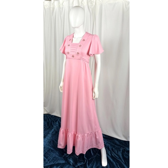 Vintage 1960’s 1970’s Flutter Short Sleeved Maxi Dress in Bubblegum Pink • XS/S - Picture 2 of 10